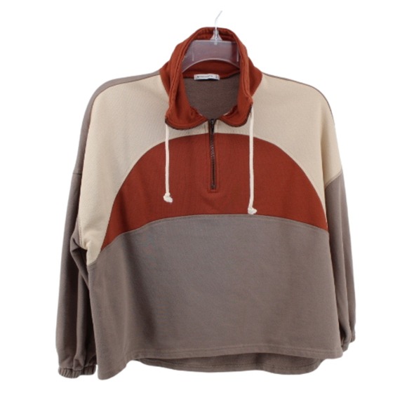 Staccato Tops - Staccato Womens Quarter Zip Sweatshirt Small Rust Brown Cream Colorblock‎